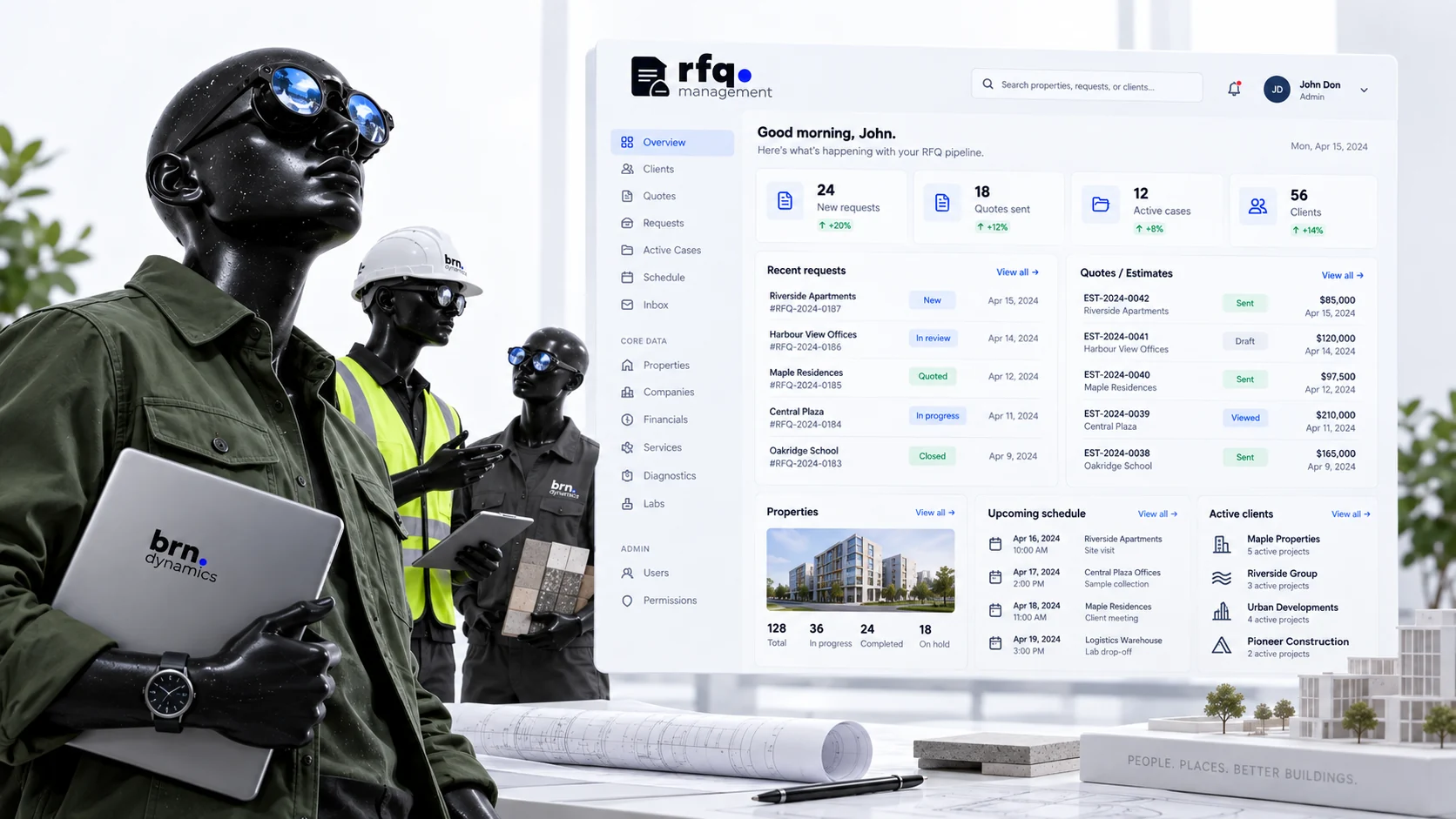 RFQ Management dashboard showing new requests, quotes sent, active cases, recent requests and the upcoming site visit schedule
